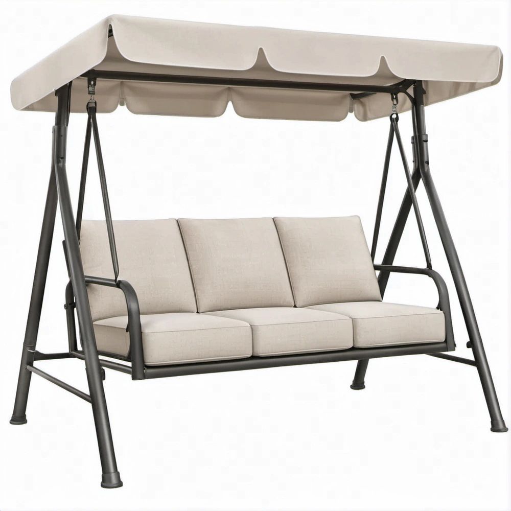 3-Sitzer Gartenschaukel mit Sonnendach, Beige/Schwarz, 170 x 110 x 153 cm