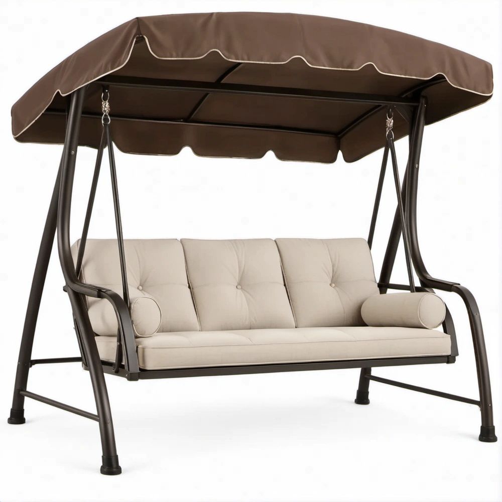 3-Sitzer Gartenschaukel aus Stahl und Polyester, Braun/Beige, 200 x 120 x 170 cm