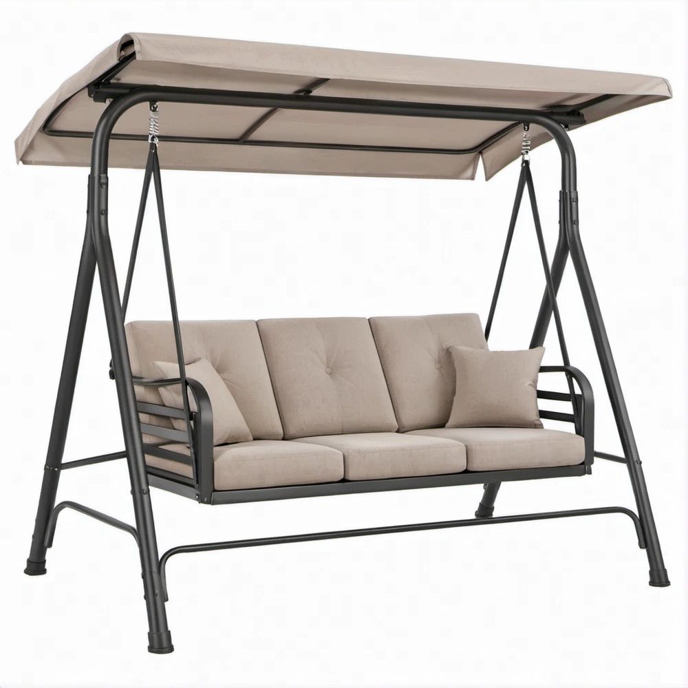 3-Sitzer Schaukel mit verstellbarem Sonnendach, Taupe/Schwarz, 200 x 120 x 170 cm