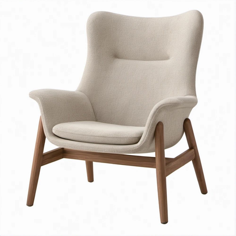 Ohrensessel Creme mit walnussbraunem Massivholzgestell, 76 x 82 x 105 cm