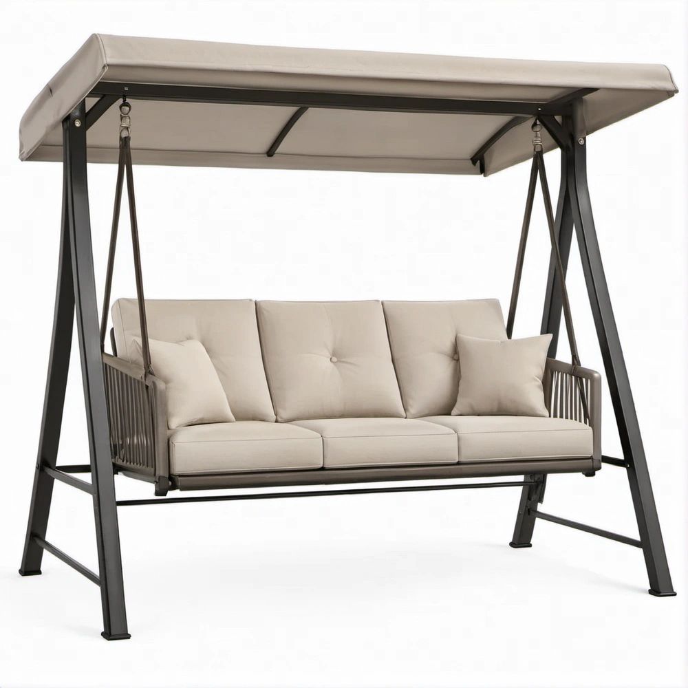 3-Sitzer Hollywoodschaukel mit Sonnendach, Beige/Schwarz, 200 x 120 x 170 cm
