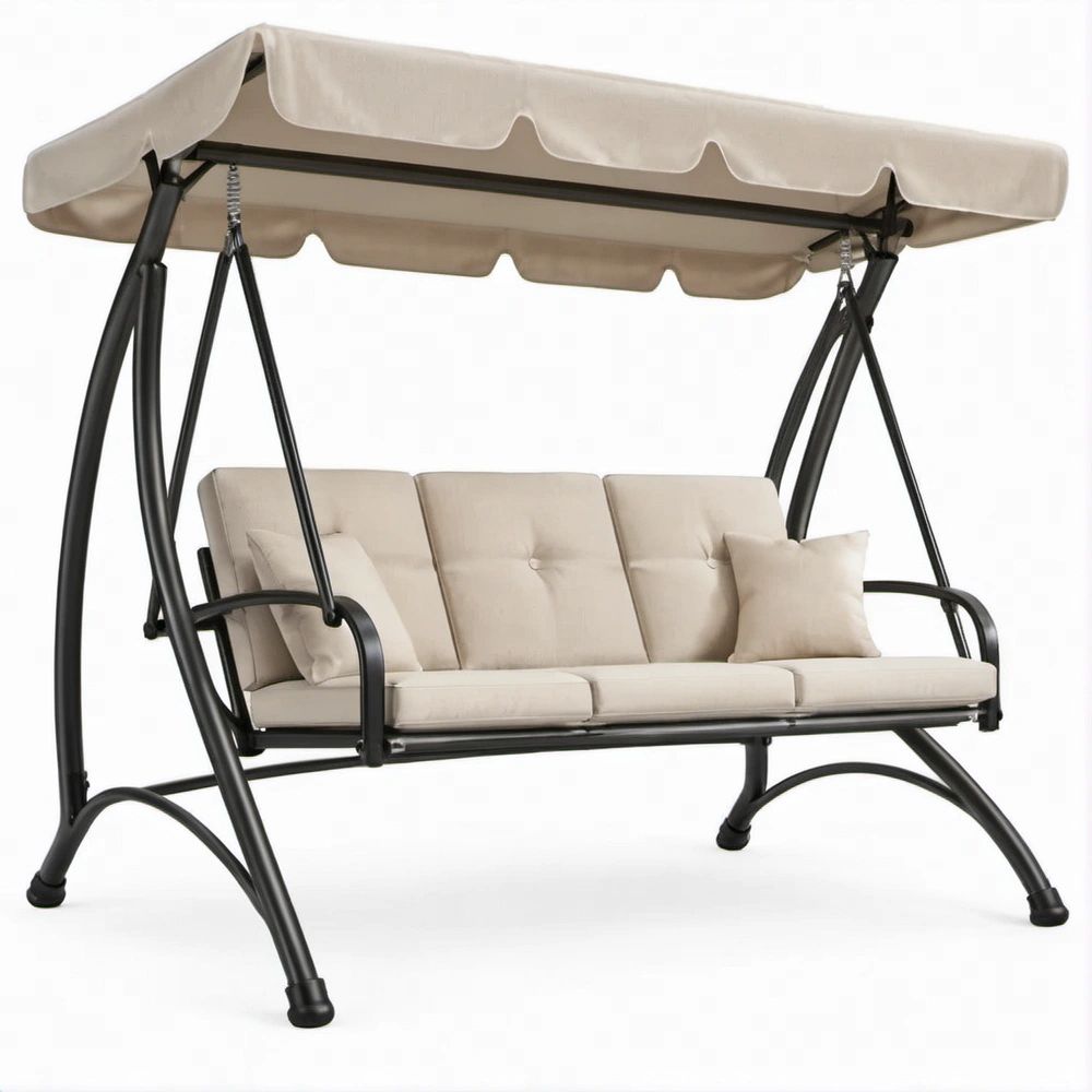 3-Sitzer Gartenschaukel mit Sonnendach, Beige/Schwarz, 200 x 120 x 170 cm