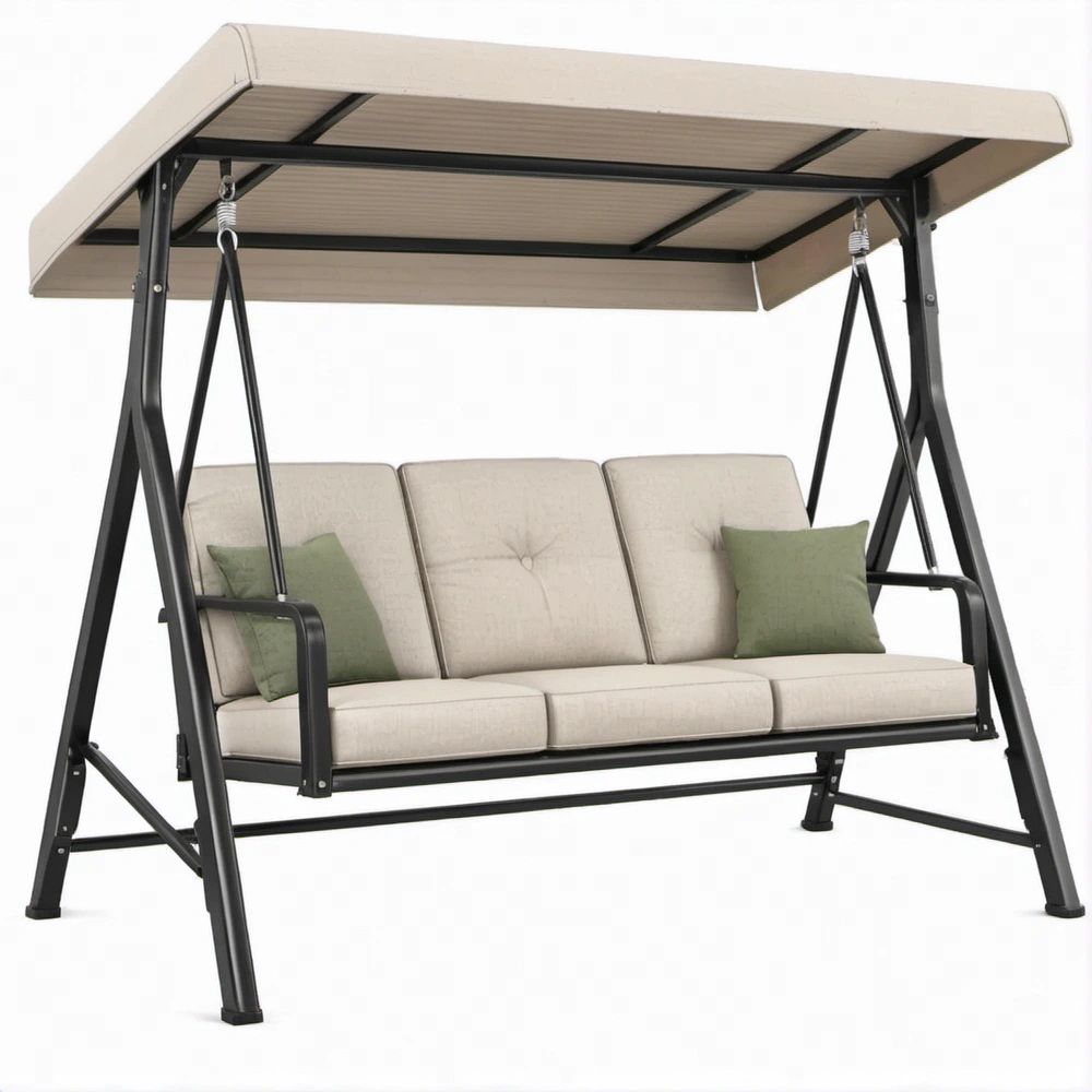 3-Sitzer Gartenschaukel mit Sonnendach, Beige/Schwarz, 200 x 120 x 180 cm